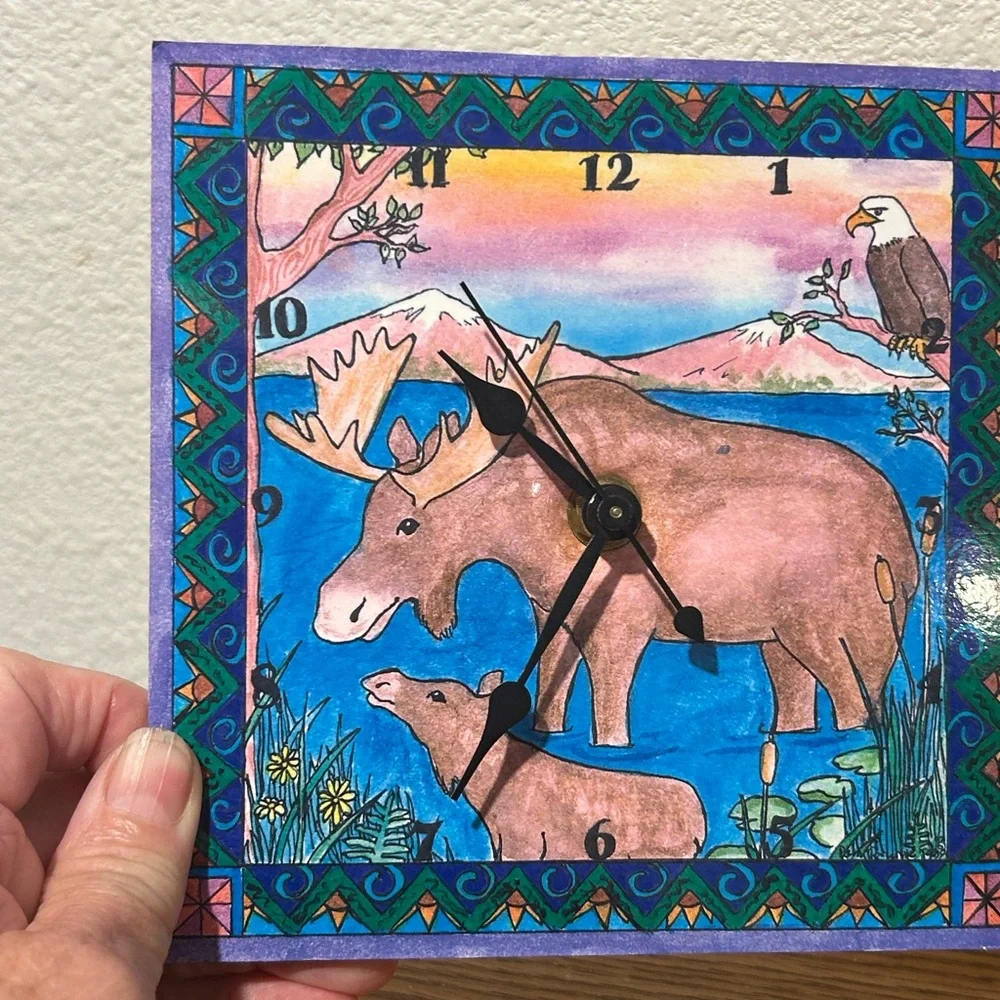 Colorful Moose and Eagle Wall Clock